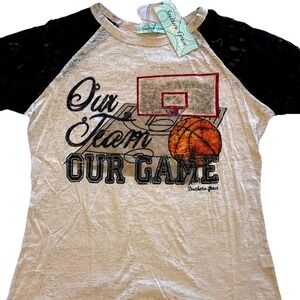 Southern Grace Basketball Graphic Lace Raglan Burnout Tee Cream Black 2XL NEW